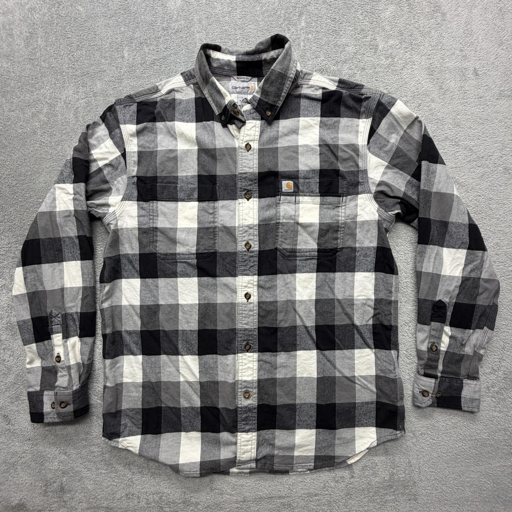 Carhartt Shirt‎ Mens Large Gray Black Plaid Relaxed Fit Button Front Workwear